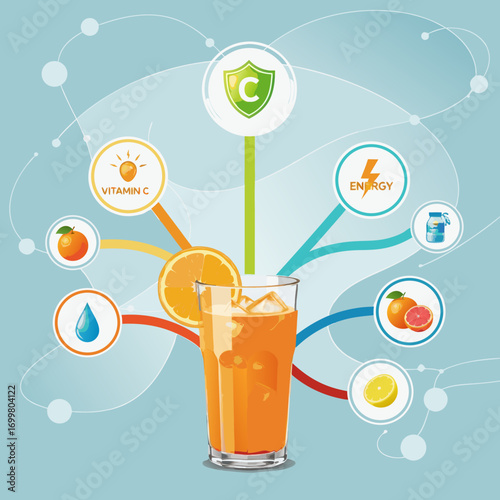 A scientific-style infographic about the benefits of citrus juice. Icons for immunity, vitamin C, and energy connect to a realistic glass, with a network background