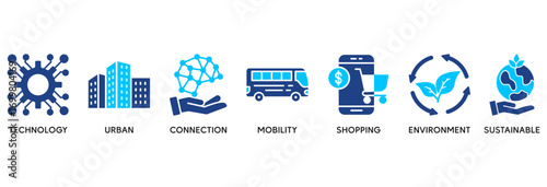 Smart city icon set in Blue style Flat vector illustration concept relate to  technology, urban, connection, mobility, shopping, environment and sustainable