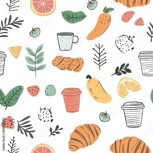 Colorful Seamless Pattern of Breakfast Food and Fruits Illustration