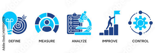 Lean six sigma icon set in Blue style Flat vector illustration concept relate to  process improvement with icon of define, measure, analyze, improve, and control