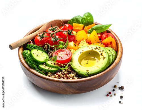 Vibrant Plant-Based Bowl with Quinoa, Fresh Vegetables, Avocado and Olive Oil Drizzle