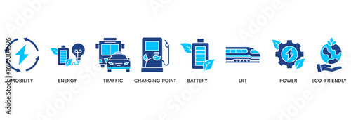 E-mobility icon set in Blue style Flat vector illustration concept relate to  mobility, energy, traffic, charging point, battery, lrt, power and eco-friendly