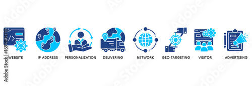 Geo-targeting icon set in Blue style Flat vector illustration concept relate to  website, ip address, personalization, delivering, network, geo targeting, visistor, advertising