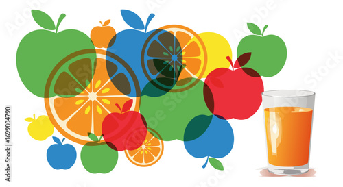 An abstract vector composition of colorful, overlapping apple and orange shapes next to a glass of fresh juice. A creative and vibrant graphic for beverage concepts.