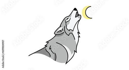 Minimalist wolf howling at a pale moon illustration with clean lines against white backdrop artistic vector image featuring wildlife solitude and