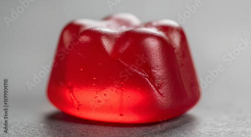 Macro close-up of a single red creatine gummy. Chewable vitamin supplement for health and fitness. Sports nutrition product on a gray background.