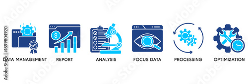 Data analysis icon set in Blue style Flat vector illustration concept relate to  data management, report, analysis, focus data, processing, optimization