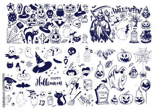Set of hand drawn Halloween doodle element. Vector illustration