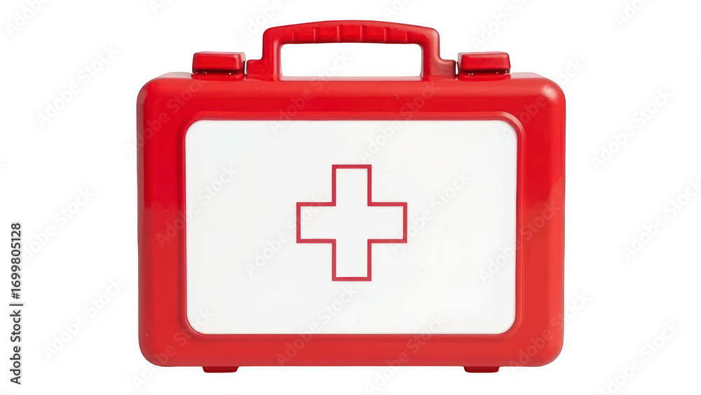 Fototapeta premium Red first aid kit isolated on transparent background, a vital supply box for emergency medical assistance and basic healthcare needs