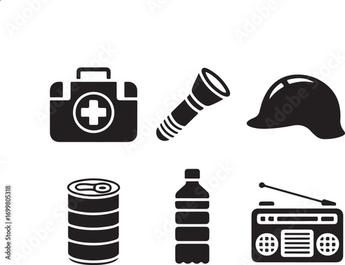 Survival kit essentials icons first aid flashlight helmet canned food water bottle radio