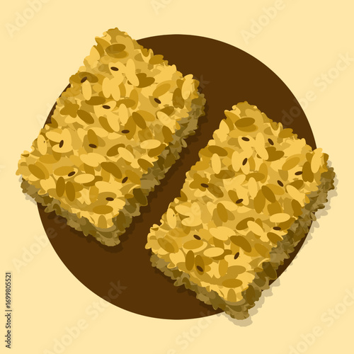 A pair of golden-brown Rice Krispie treats made from puffed rice cereal and marshmallows on beige background, perfect for celebrating Rice Krispie Treat Day on September 18th.