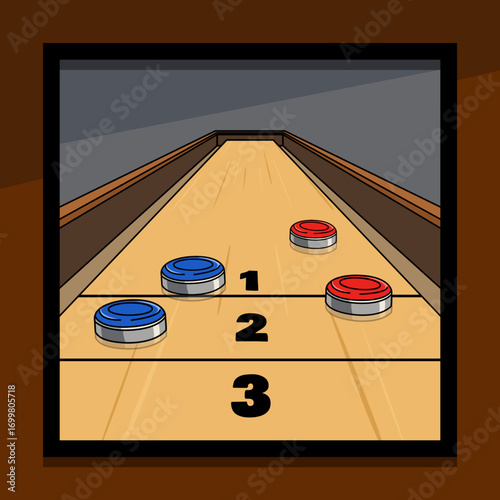 A table shuffleboard game is in progress with four red and blue pucks on a polished wooden surface. Sports event banner is perfect for celebrating National Table Shuffleboard Day on September 17th.