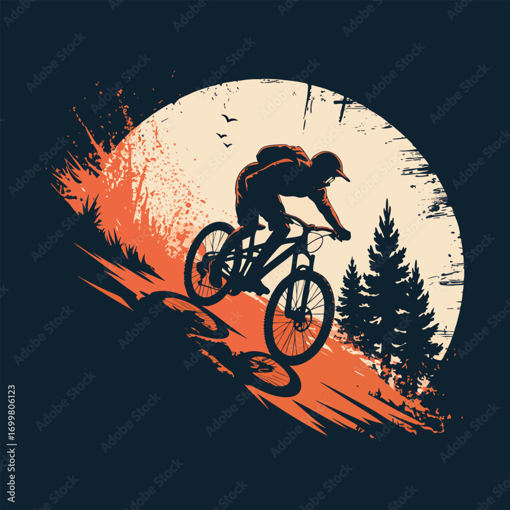 Fototapeta premium Vintage Mountain Biker T-Shirt Design on a Grunge Sunset Background