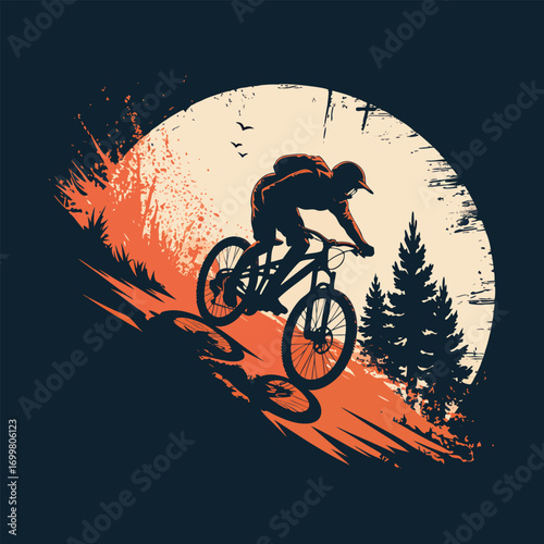 Vintage Mountain Biker T-Shirt Design on a Grunge Sunset Background