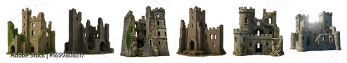 Medieval castle ruins set including various weathered towers, walls, and archways isolated. Historical and fantasy architectural elements.