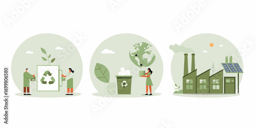 People practicing recycling and sustainable industry with solar power and green initiatives