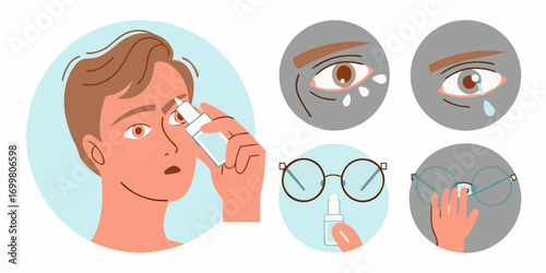 Man applying eye drops to soothe dry irritated eyes and cleaning eyeglasses for better vision
