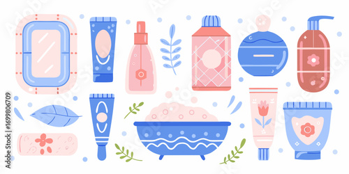 Collection of cute flat design bathroom and skincare products including bottles tubes and a bathtub