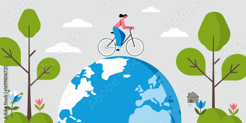Person riding bicycle on top of the earth globe symbolizing environmental awareness and sustainable transportation