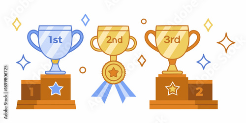 First second and third place trophies on podium with stars and sparkles