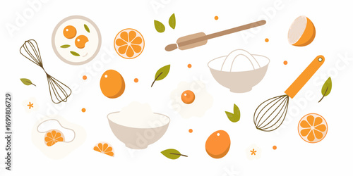 Whimsical kitchen scene with eggs oranges and baking utensils in a flat design style