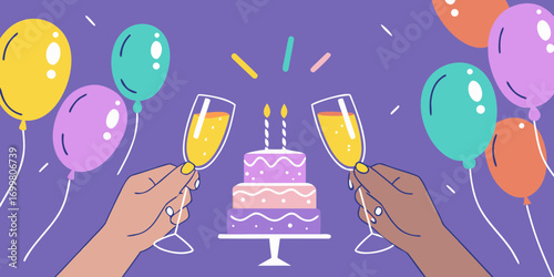 Celebration with a tiered birthday cake champagne toast and colorful balloons