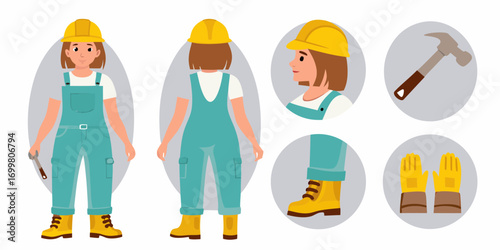 Female construction worker showing front and back views with safety gear and tools