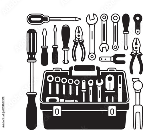 Collection of hand tools and toolbox for repair and diy projects