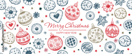 Cookie and Christmas ball pattern on white, hand drawn illustration.
