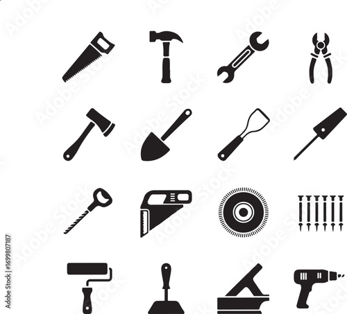Collection of hand tools and power tools icons for diy and construction projects