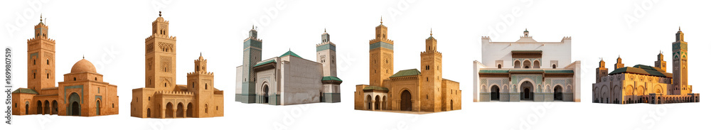 Fototapeta premium Moroccan Islamic architecture set including minarets, mosques, and traditional buildings isolated. Cultural and religious landmarks collection.