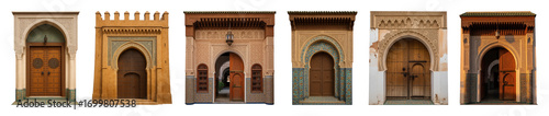 Moroccan door and archway set including intricate carvings, mosaic tiles, and traditional designs isolated. Islamic architecture collection.