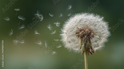 Delicate Dandelion Puff Releasing Seeds Against Soft Green Background