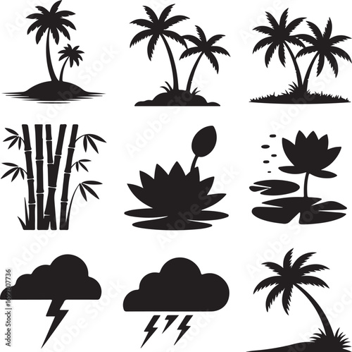 Tropical island and weather silhouette icons on white background Keywords: palm tree, island