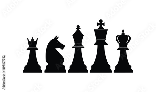 Silhouette of chess pieces arranged in a line against a white background
