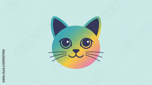 Cute colorful cat face vector illustration, kawaii kitten design, animal graphic for kids and pet lovers art