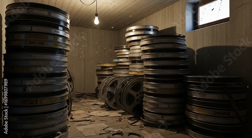 Dimly lit room with stacked old tires, moody shadows, muted browns & blacks. Concept: storage or collection. AI Generated