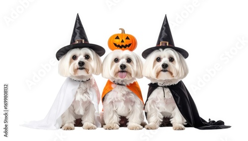 Three Maltese dogs in Halloween costumes wearing witch hats and pumpkin headpiece isolated on white background