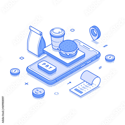 Fast food delivery courier service smartphone application isometric vector illustration. Eatery restaurant cafe digital marketplace shop store meal shipping mobile phone app technology