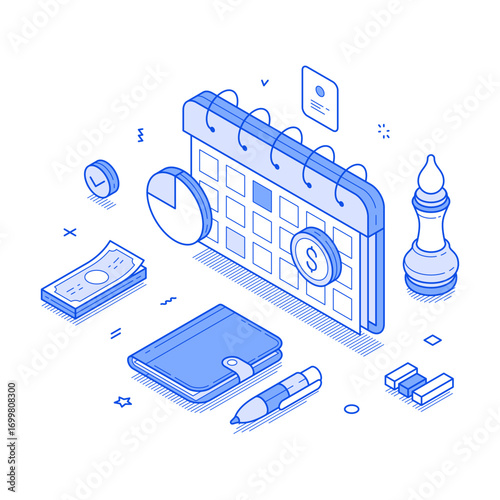 Time management business planning efficiency productivity isometric vector illustration. Work process optimization deadline monitoring workflow organization profit marketing success control