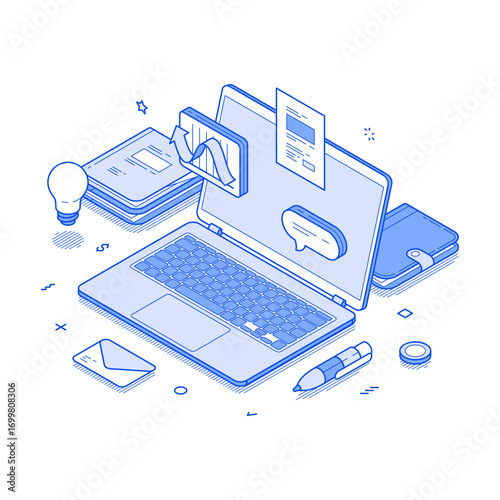 Remotely work home office laptop making money via internet isometric vector illustration. Coworking space freelance online job business computer workplace dashboard e learning desk technology