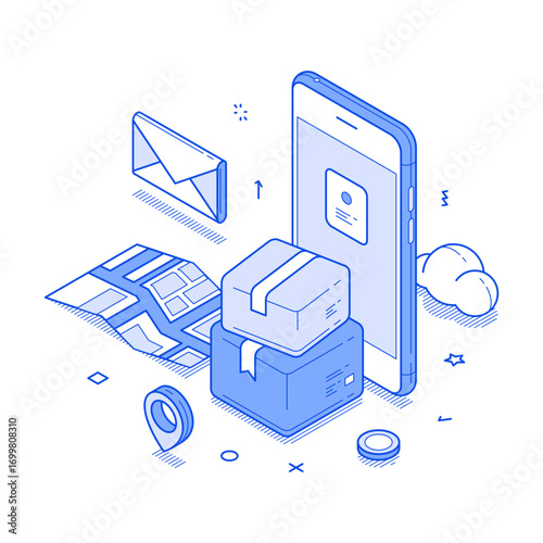 Postal parcel online shopping order safe delivery smartphone app isometric vector illustration. Post cargo logistic distribution freight transportation GPS tracking map shipment mobile application