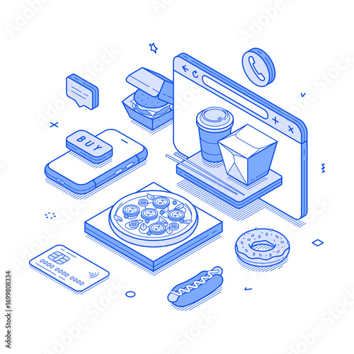 Food order delivery internet shop web site browser isometric vector illustration. Meal dish menu cafe restaurant eatery shipping commercial service cyberspace marketplace digital technology