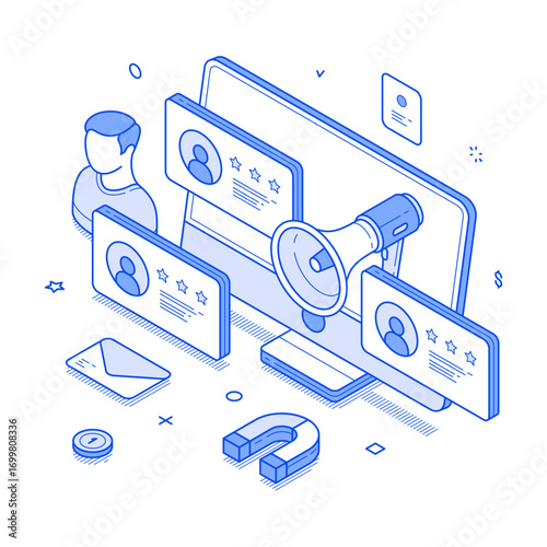 Referral network marketing strategy digital business partnership isometric vector illustration. Online advertising communication technology affiliate social product recommended invite collaboration
