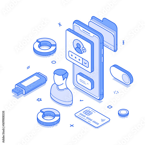Personal account user data online banking smartphone app isometric vector illustration. Mobile interface access authentication password information storage verification authorization technology