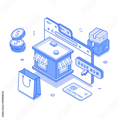 Online shopping marketplace website browser order e business isometric vector illustration. Internet store shop market supermarket buying purchase goods cyberspace platform digital commercial retail