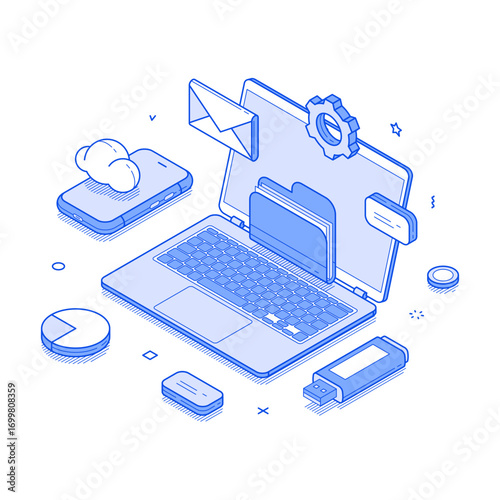 Computer cloud storage desktop database document file folder isometric vector illustration. Computing smartphone information download exchange web backup server archive system digital technology