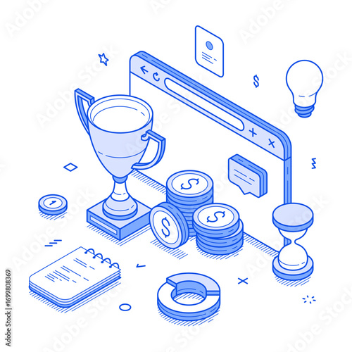 Online business achievement profit productivity efficiency organization isometric vector illustration. Efficient corporate marketing management strategy finance success work reward financial analyzing