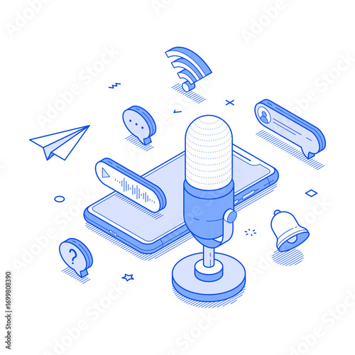 Audio podcast online radio show interview smartphone application isometric vector illustration. Internet multimedia content live broadcasting music listen performance streaming mobile app technology