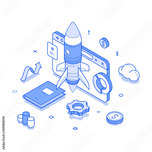 Startup online business digital marketing success strategy development isometric vector illustration. Internet commercial optimization efficiency and productivity creative innovation idea merchandise
